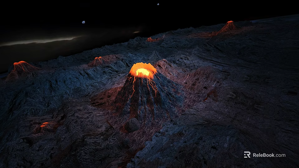 Microtopography With Erupting Volcano Flowing Lava And Surrounding Terrain Features Under Night Sky 3d model 