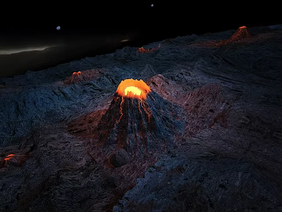 Microtopography With Erupting Volcano Flowing Lava And Surrounding Terrain Features Under Night Sky 3d model
