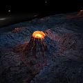 Microtopography With Erupting Volcano Flowing Lava And Surrounding Terrain Features Under Night Sky 3d model