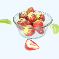 Fresh Ripe Strawberries in a Glass Bowl with Sliced Half and Green Leaves