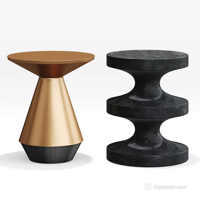 Gold And Black Round Side Tables With Conical Base And Spiral Design 3d model 