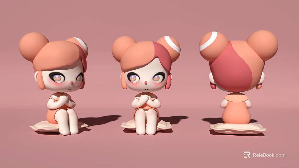 Cute Pink Cartoon Character With Double Bun Hairstyle In Sitting Pose From Three Angles 3d model 