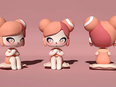 Cute Pink Cartoon Character With Double Bun Hairstyle In Sitting Pose From Three Angles 3d model