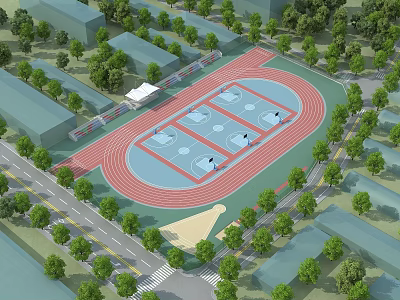 Modern School Building With Running Track Basketball Courts And Green Trees Around Campus 3d model