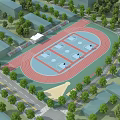 Modern School Building With Running Track Basketball Courts And Green Trees Around Campus