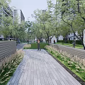 Serene Garden Landscape with Trees Lawn Wooden Deck and Outdoor Seating near High Rise Apartments