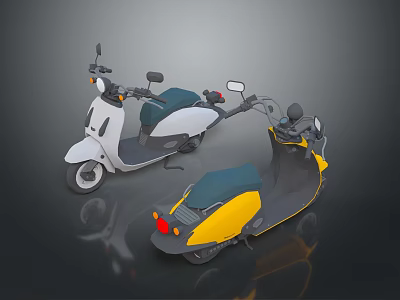 Two White Blue and Yellow Black Scooters With Seats Rearview Mirrors On Dark Reflective Surface 3d model
