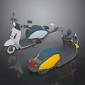 Two White Blue and Yellow Black Scooters With Seats Rearview Mirrors On Dark Reflective Surface