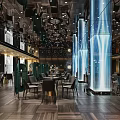 Elegant Restaurant Lobby With Marble Floor Green Plant Wall And Modern Decorations