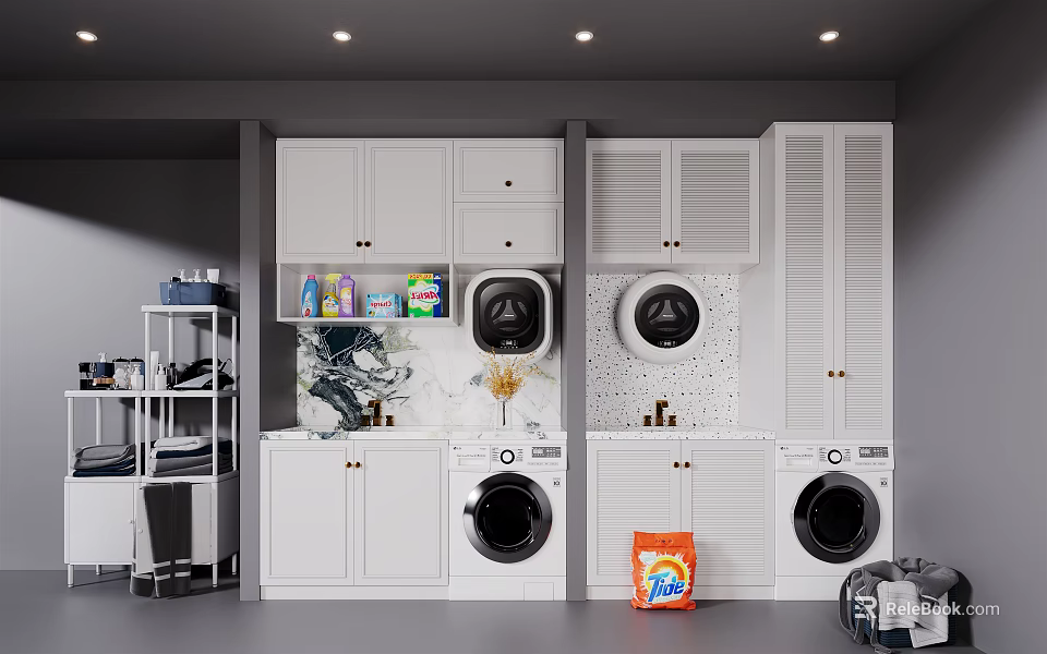 White Laundry Cabinet Rack With Washing Machines Dryers Open Shelves And Tile Backsplash 3d model 