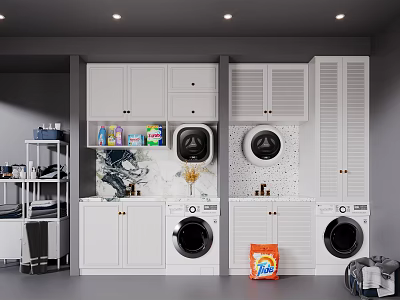 White Laundry Cabinet Rack With Washing Machines Dryers Open Shelves And Tile Backsplash 3d model