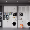 White Laundry Cabinet Rack With Washing Machines Dryers Open Shelves And Tile Backsplash