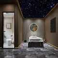 Modern SPA Sauna Interior Design With Massage Bed Circular Skylight Dark Walls And Stone Floor