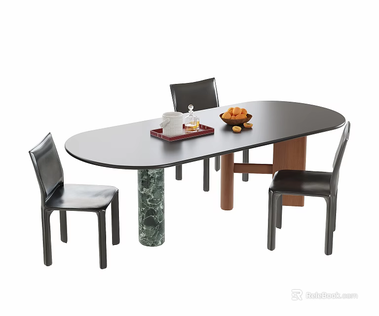 Modern Minimalist Oval Dining Table With Marble Base And Black Leather Chair Combination For Dining Spaces 3d model 