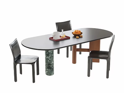 Modern Minimalist Oval Dining Table With Marble Base And Black Leather Chair Combination For Dining Spaces 3d model