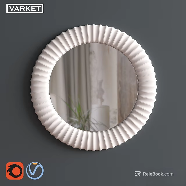 Round Mirror with Ruffled Frame on Gray Wall Reflecting Curtains Plant and Wall Section 3d model 