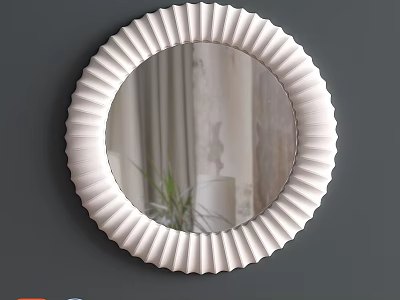 Round Mirror with Ruffled Frame on Gray Wall Reflecting Curtains Plant and Wall Section 3d model