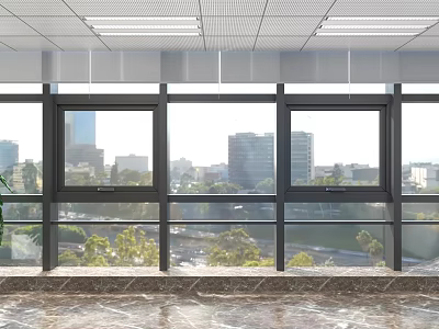 Black Frame Casement Windows In Modern Interior With City View Trees And Marble Floor 3d model