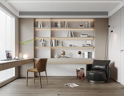 Modern Study Room With Bookshelves Desk Chair And Decor 3d model