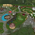 Children's Play Area With Slides Swings Climbing Structures Huts And Green Paths