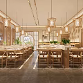 Traditional Chinese Restaurant Interior With Bamboo Partitions Lantern Lights Wooden Tables And Green Plants