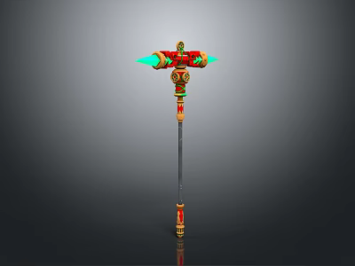 Fantasy Ornate War Hammer With Red Gold Decorations Green Glowing Accents And Long Handle 3d model