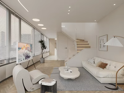 Modern Bright Apartment Living Room With Staircase Large Windows And Cozy Furniture 3d model
