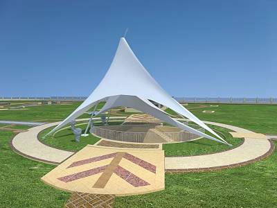 Modern Outdoor Tensile Membrane Structure With Green Lawn And Decorative Paved Pathway 3d model