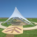 Modern Outdoor Tensile Membrane Structure With Green Lawn And Decorative Paved Pathway