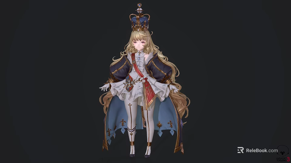 Game Film Character Blonde Long Hair In Gorgeous Royal Outfit With Crown And Cloak 3d model 