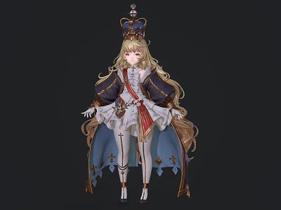 Game Film Character Blonde Long Hair In Gorgeous Royal Outfit With Crown And Cloak 3d model