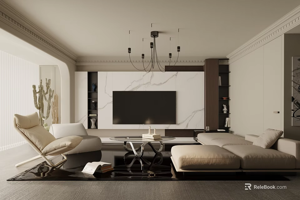 Modern Living Room Interior Design With Marble TV Wall Beige Sofa Black Chandelier And Bookshelves 3d model 