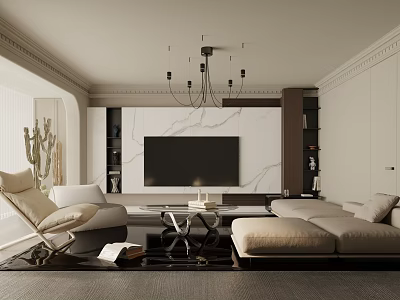 Modern Living Room Interior Design With Marble TV Wall Beige Sofa Black Chandelier And Bookshelves 3d model