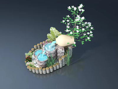 Outdoor Swing Door Design With Natural Plants And Water Pool Landscape 3d model