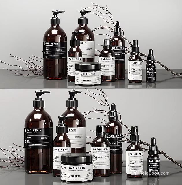 Modern Bathroom Accessories With Brown Glass Bottles Jars Skincare Labels And Decorative Branches 3d model 