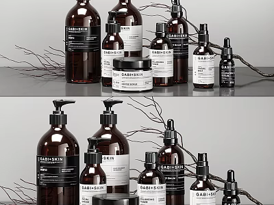 Modern Bathroom Accessories With Brown Glass Bottles Jars Skincare Labels And Decorative Branches 3d model