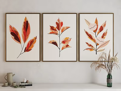 Vibrant Leaf Botanical Paintings in Frames Hanging on Wall with Shelf Decor 3d model