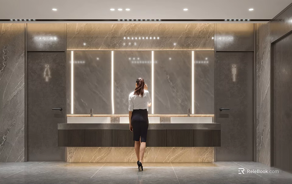 Modern Public Restroom With Clean Marble Vanity And Illuminated Wall Design 3d model 