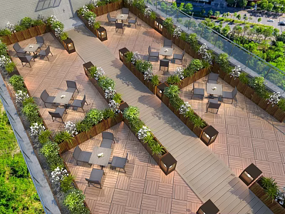 Stylish Rooftop Terrace Design With Wooden Flooring Outdoor Tables Chairs And Lush Green Plants 3d model