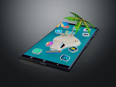 Cartoon Scene on Smartphone Screen with Beach Palm Tree Small House and Colorful App Icons 3d model