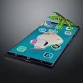 Cartoon Scene on Smartphone Screen with Beach Palm Tree Small House and Colorful App Icons