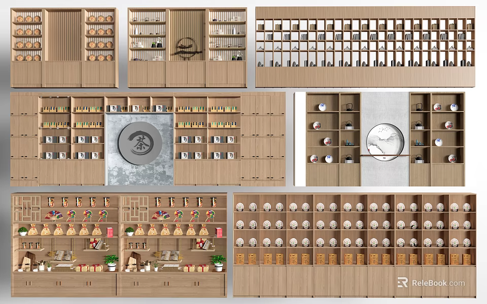 Wooden Storage Shelves Multi Tier Design With Various Layouts For Display And Organize Items 3d model 