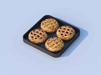Juicy Grilled Hamburger Patties on Black Tray with Crispy Grill Marks and Fresh Herbs 3d model