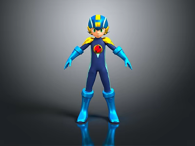 Blue And Yellow Action Figure Toy With Helmet Red Emblem Standing On Reflective Surface 3d model