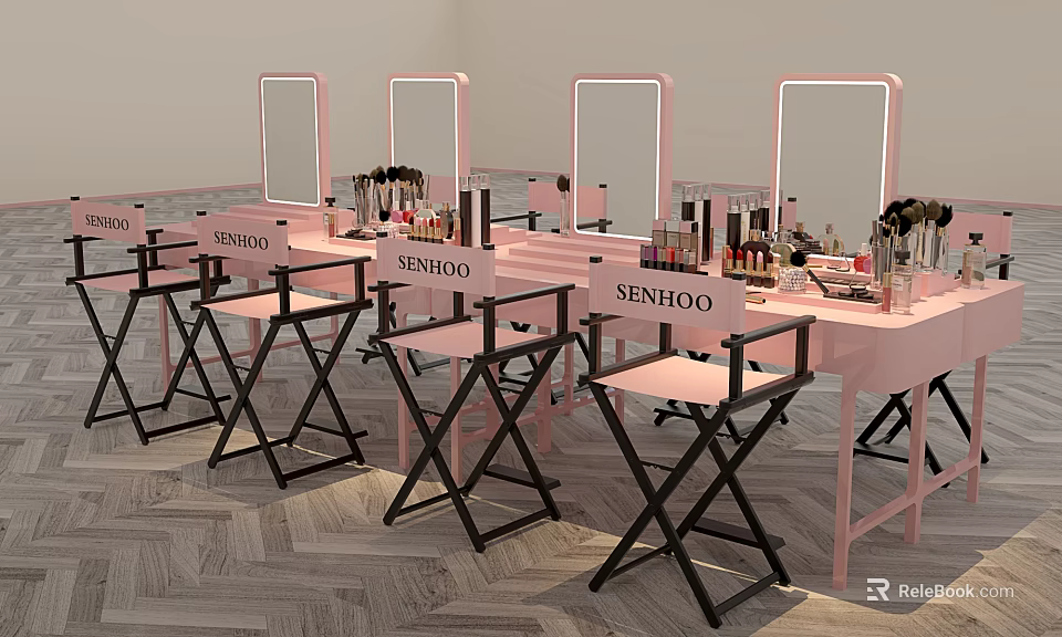 Stylish Pink Makeup Tables With Mirrors And Assorted Perfumes Cosmetics 3d model 