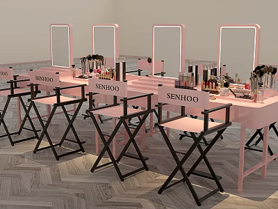Stylish Pink Makeup Tables With Mirrors And Assorted Perfumes Cosmetics 3d model