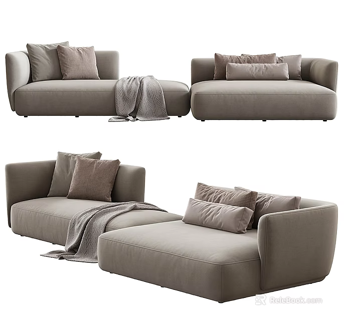 Modern Light Gray Sectional Sofa With Plush Cushions And Cozy Throw Blanket 3d model