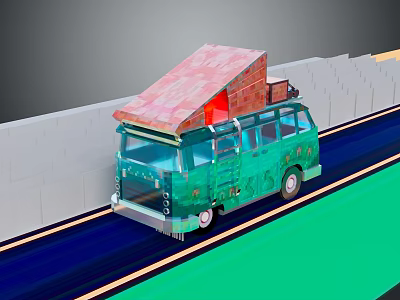 Green Bus With Red Roof Transparent Windows And Decorative Patterns On Urban Road 3d model