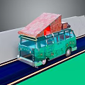Green Bus With Red Roof Transparent Windows And Decorative Patterns On Urban Road