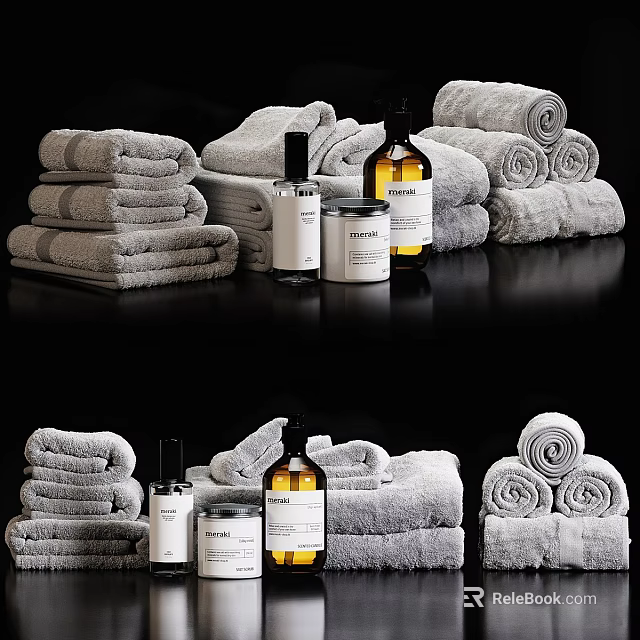 Stylish Bathroom Accessories With Folded And Rolled Towels Lotion Bottles And Candle Jars 3d model 